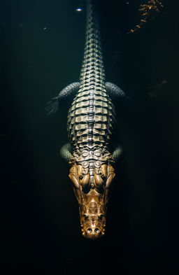 A crocodile gracefully swimming downwards in murky waters, showcasing its powerful body and sharp teeth, surrounded by shadowy aquatic plants and debris
