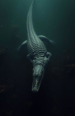 A crocodile gracefully swimming downwards in murky waters, showcasing its powerful body and sharp teeth, surrounded by shadowy aquatic plants and debris