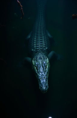 A crocodile gracefully swimming downwards in murky waters, showcasing its powerful body and sharp teeth, surrounded by shadowy aquatic plants and debris