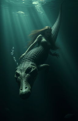 A half woman, half crocodile hybrid swimming gracefully downwards in murky waters, her scaly skin glistening under the dim light