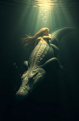 A half woman, half crocodile hybrid swimming gracefully downwards in murky waters, her scaly skin glistening under the dim light