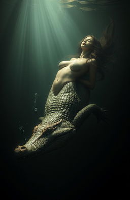 A half woman, half crocodile hybrid swimming gracefully downwards in murky waters, her scaly skin glistening under the dim light