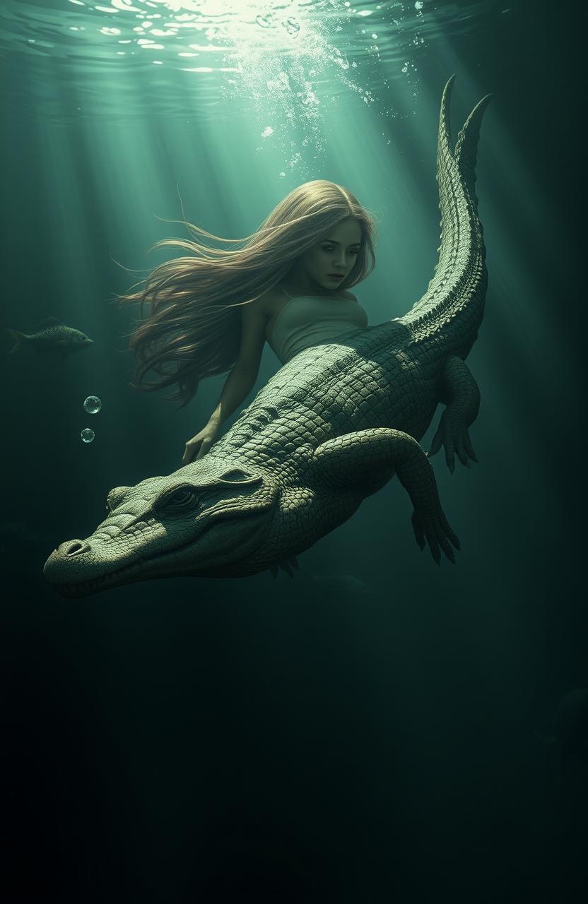 A half woman, half crocodile hybrid swimming gracefully downwards in murky waters, her scaly skin glistening under the dim light