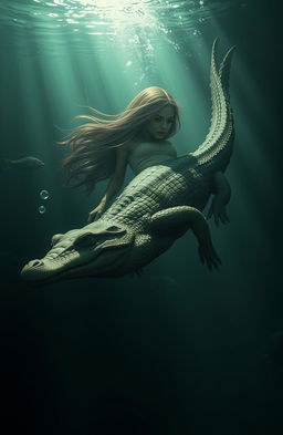 A half woman, half crocodile hybrid swimming gracefully downwards in murky waters, her scaly skin glistening under the dim light