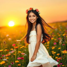 A charming young woman with long, flowing dark hair and sparkling green eyes stands in a beautiful meadow filled with vibrant wildflowers