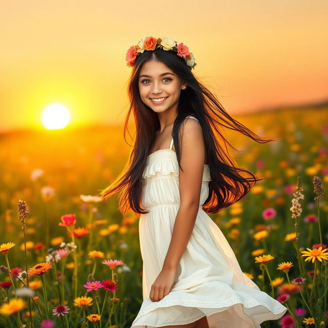 A charming young woman with long, flowing dark hair and sparkling green eyes stands in a beautiful meadow filled with vibrant wildflowers