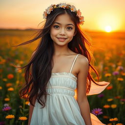 A charming young woman with long, flowing dark hair and sparkling green eyes stands in a beautiful meadow filled with vibrant wildflowers