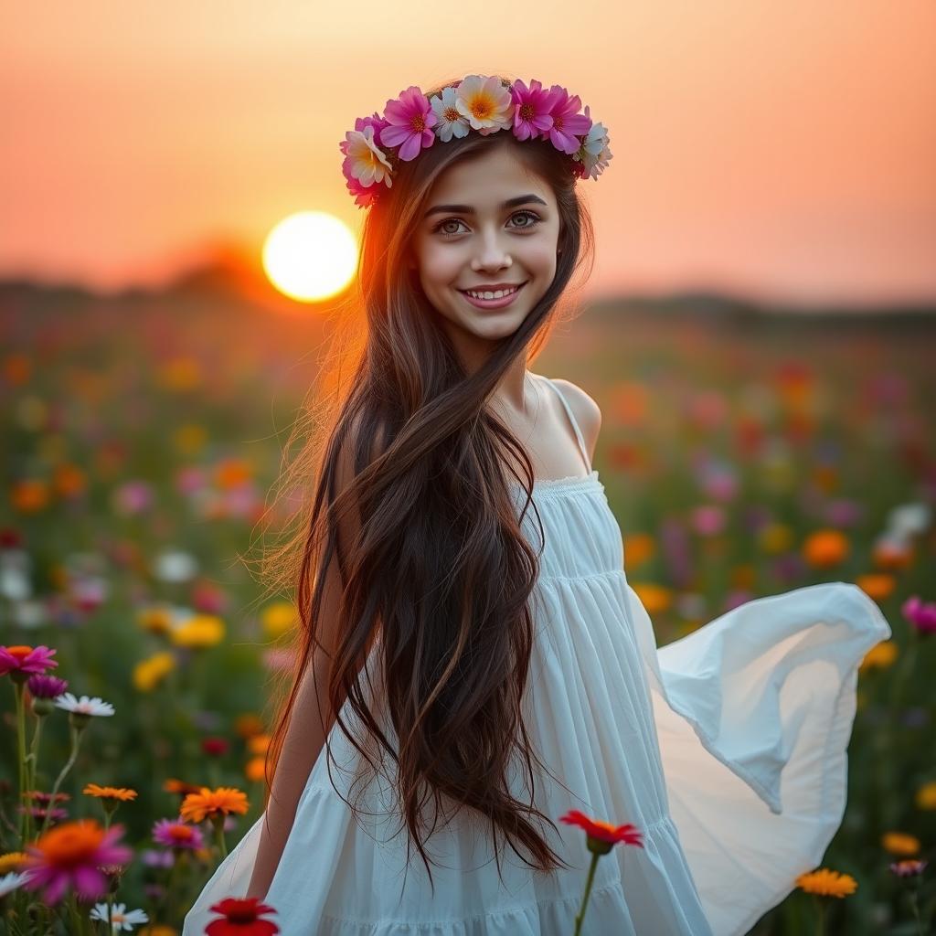 A charming young woman with long, flowing dark hair and sparkling green eyes stands in a beautiful meadow filled with vibrant wildflowers