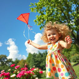 A playful scene of a young girl with curly blonde hair and bright blue eyes, wearing a colorful summer dress, playing in a sunny park filled with blooming flowers and lush greenery