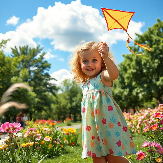 A playful scene of a young girl with curly blonde hair and bright blue eyes, wearing a colorful summer dress, playing in a sunny park filled with blooming flowers and lush greenery