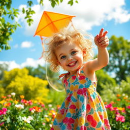A playful scene of a young girl with curly blonde hair and bright blue eyes, wearing a colorful summer dress, playing in a sunny park filled with blooming flowers and lush greenery