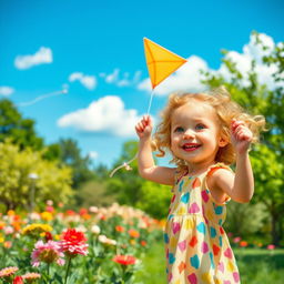 A playful scene of a young girl with curly blonde hair and bright blue eyes, wearing a colorful summer dress, playing in a sunny park filled with blooming flowers and lush greenery