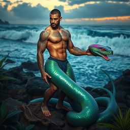 A mythical creature with the upper body of a strong, muscular human male showcasing intricate tattoos on his arms and chest, and the lower half of a vibrant, colorful sea snake with shimmering scales in shades of green, blue, and purple