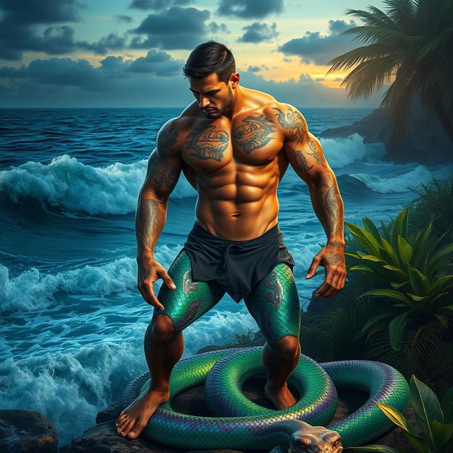 A mythical creature with the upper body of a strong, muscular human male showcasing intricate tattoos on his arms and chest, and the lower half of a vibrant, colorful sea snake with shimmering scales in shades of green, blue, and purple