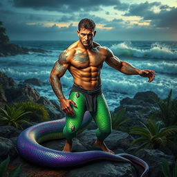 A mythical creature with the upper body of a strong, muscular human male showcasing intricate tattoos on his arms and chest, and the lower half of a vibrant, colorful sea snake with shimmering scales in shades of green, blue, and purple