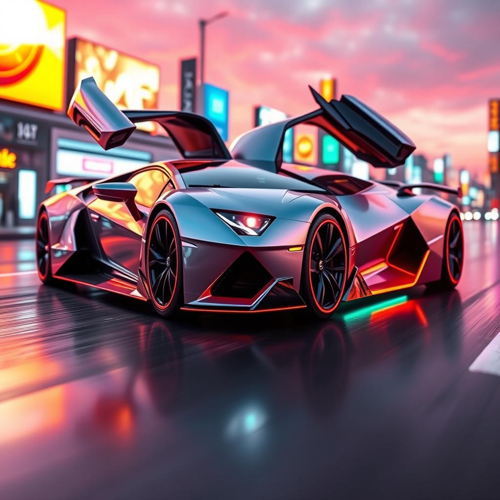 A stunning futuristic Lamborghini, designed with sleek aerodynamic lines, advanced technology features, and an innovative color scheme that merges metallic silver with neon accents