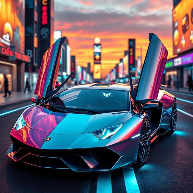 A stunning futuristic Lamborghini, designed with sleek aerodynamic lines, advanced technology features, and an innovative color scheme that merges metallic silver with neon accents