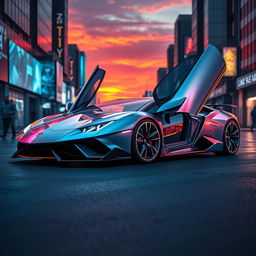 A stunning futuristic Lamborghini, designed with sleek aerodynamic lines, advanced technology features, and an innovative color scheme that merges metallic silver with neon accents
