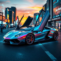 A stunning futuristic Lamborghini, designed with sleek aerodynamic lines, advanced technology features, and an innovative color scheme that merges metallic silver with neon accents