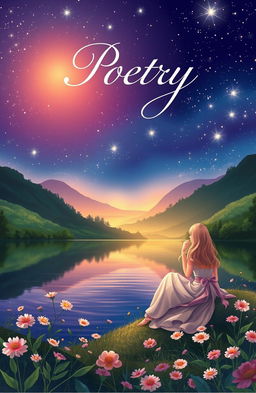 A beautifully illustrated cover for a poetry book, featuring an ethereal, dreamy landscape with a twilight sky filled with shimmering stars