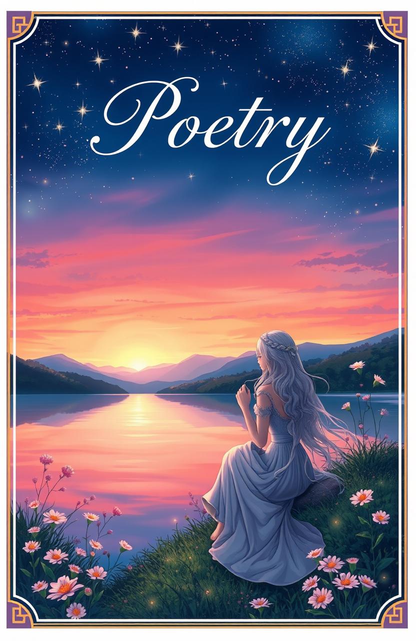 A beautifully illustrated cover for a poetry book, featuring an ethereal, dreamy landscape with a twilight sky filled with shimmering stars