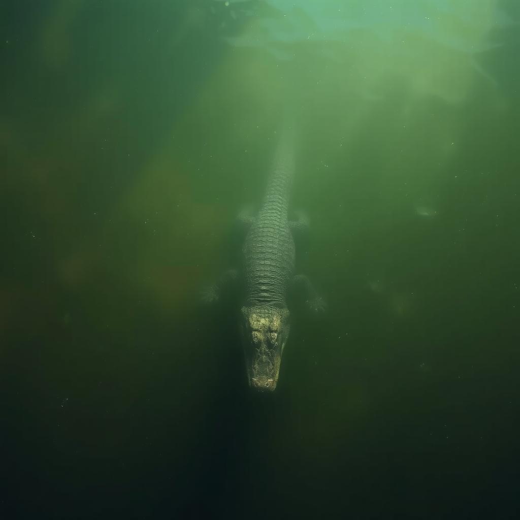 A barely visible crocodile swimming downwards in murky water, with light filtering through the surface, creating ripples and shadows