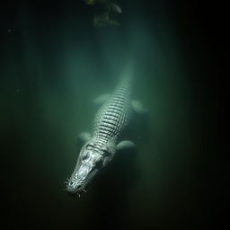 A barely visible crocodile swimming downwards in murky water, with light filtering through the surface, creating ripples and shadows