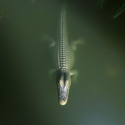 A barely visible crocodile swimming downwards in murky water, with light filtering through the surface, creating ripples and shadows