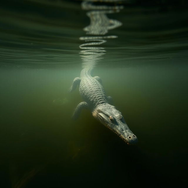 A barely visible crocodile swimming downwards in murky water, with light filtering through the surface, creating ripples and shadows