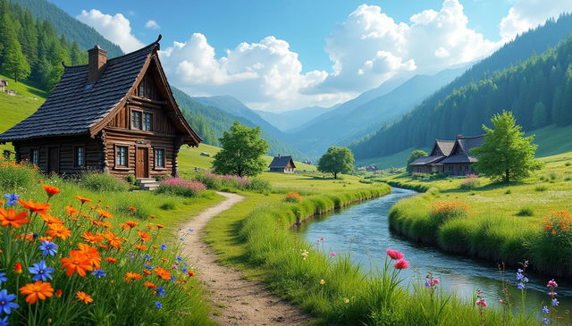 A picturesque traditional Serbian landscape showcasing a rural scene, featuring charming wooden houses with slanted roofs and intricate carvings, set against a backdrop of lush green hills