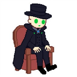 A character in a pixel art style, dressed in an elegant black outfit with a cloak and a top hat, sitting on a chair