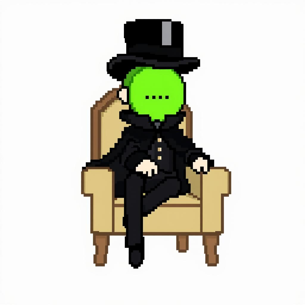 A character in a pixel art style, dressed in an elegant black outfit with a cloak and a top hat, sitting on a chair