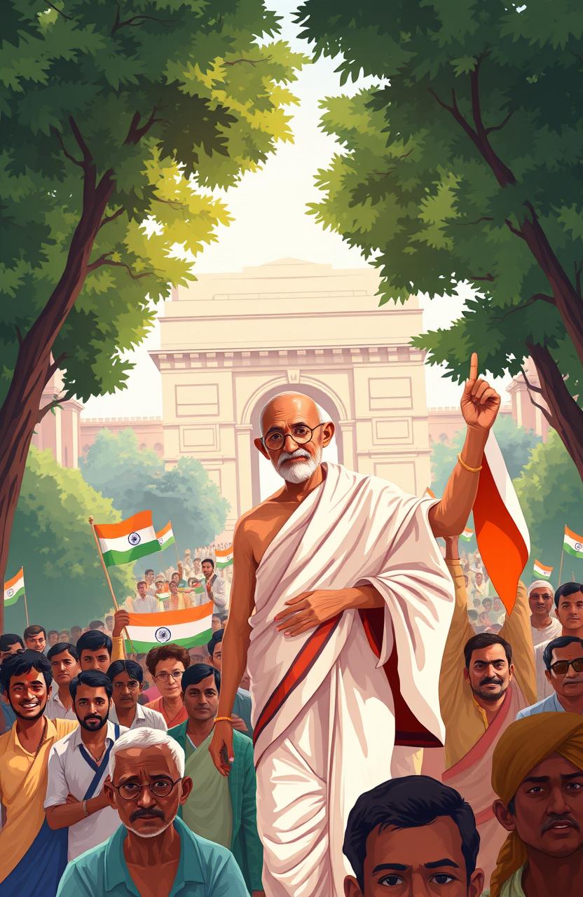 A captivating illustration depicting an iconic moment from Indian history: the Indian independence movement, featuring key figures like Mahatma Gandhi with his iconic round glasses, wearing traditional white dhoti and a shawl, leading a peaceful protest march with a diverse group of followers