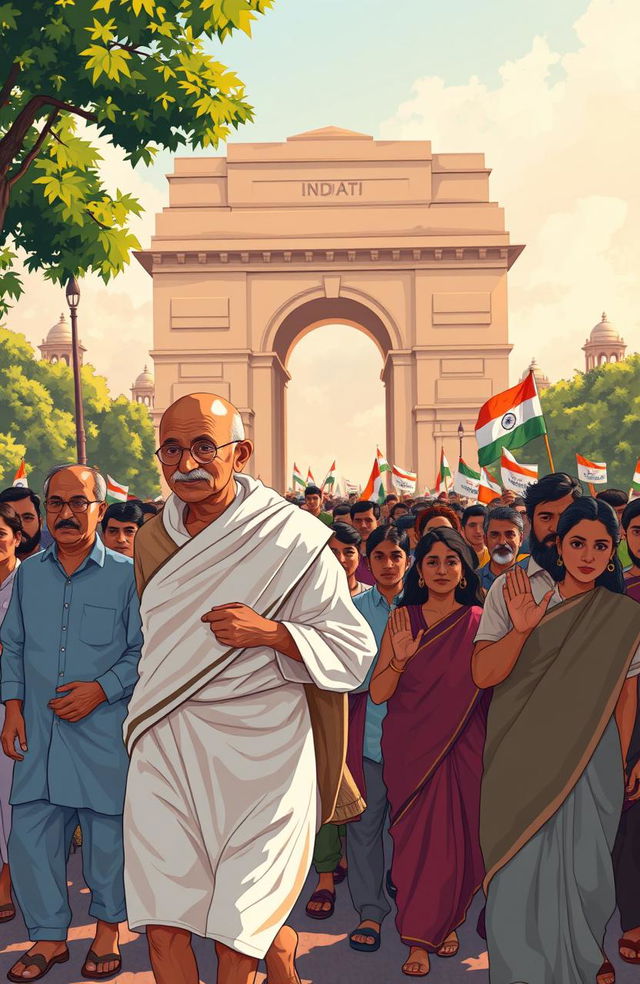 A captivating illustration depicting an iconic moment from Indian history: the Indian independence movement, featuring key figures like Mahatma Gandhi with his iconic round glasses, wearing traditional white dhoti and a shawl, leading a peaceful protest march with a diverse group of followers