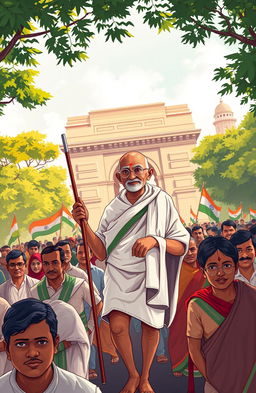 A captivating illustration depicting an iconic moment from Indian history: the Indian independence movement, featuring key figures like Mahatma Gandhi with his iconic round glasses, wearing traditional white dhoti and a shawl, leading a peaceful protest march with a diverse group of followers