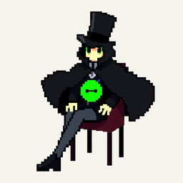 A character in a pixel art style, dressed in an elegant black outfit with a cloak and a top hat, sitting on a chair