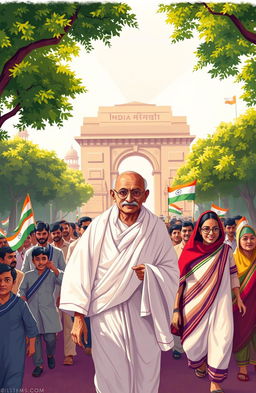 A captivating illustration depicting an iconic moment from Indian history: the Indian independence movement, featuring key figures like Mahatma Gandhi with his iconic round glasses, wearing traditional white dhoti and a shawl, leading a peaceful protest march with a diverse group of followers
