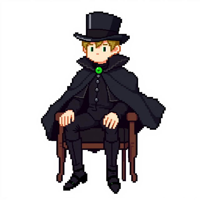 A character in a pixel art style, dressed in an elegant black outfit with a cloak and a top hat, sitting on a chair