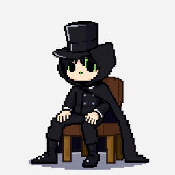 A character in a pixel art style, dressed in an elegant black outfit with a cloak and a top hat, sitting on a chair