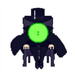 A character in a pixel art style, dressed in an elegant black outfit with a cloak and a top hat, sitting on a chair