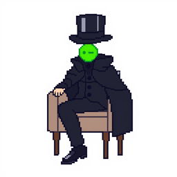 A character in a pixel art style, dressed in an elegant black outfit with a cloak and a top hat, sitting on a chair