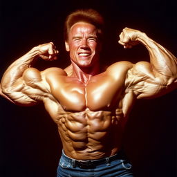 Arnold Schwarzenegger in his prime, showcasing his muscular physique by powerfully flexing his muscles, with a determined expression on his face.