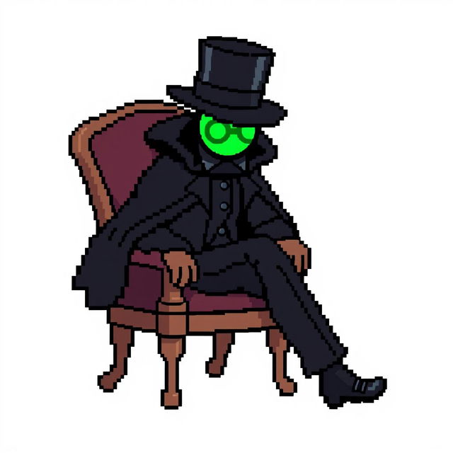 A character in a pixel art style, dressed in an elegant black outfit with a cloak and a top hat, sitting on a chair