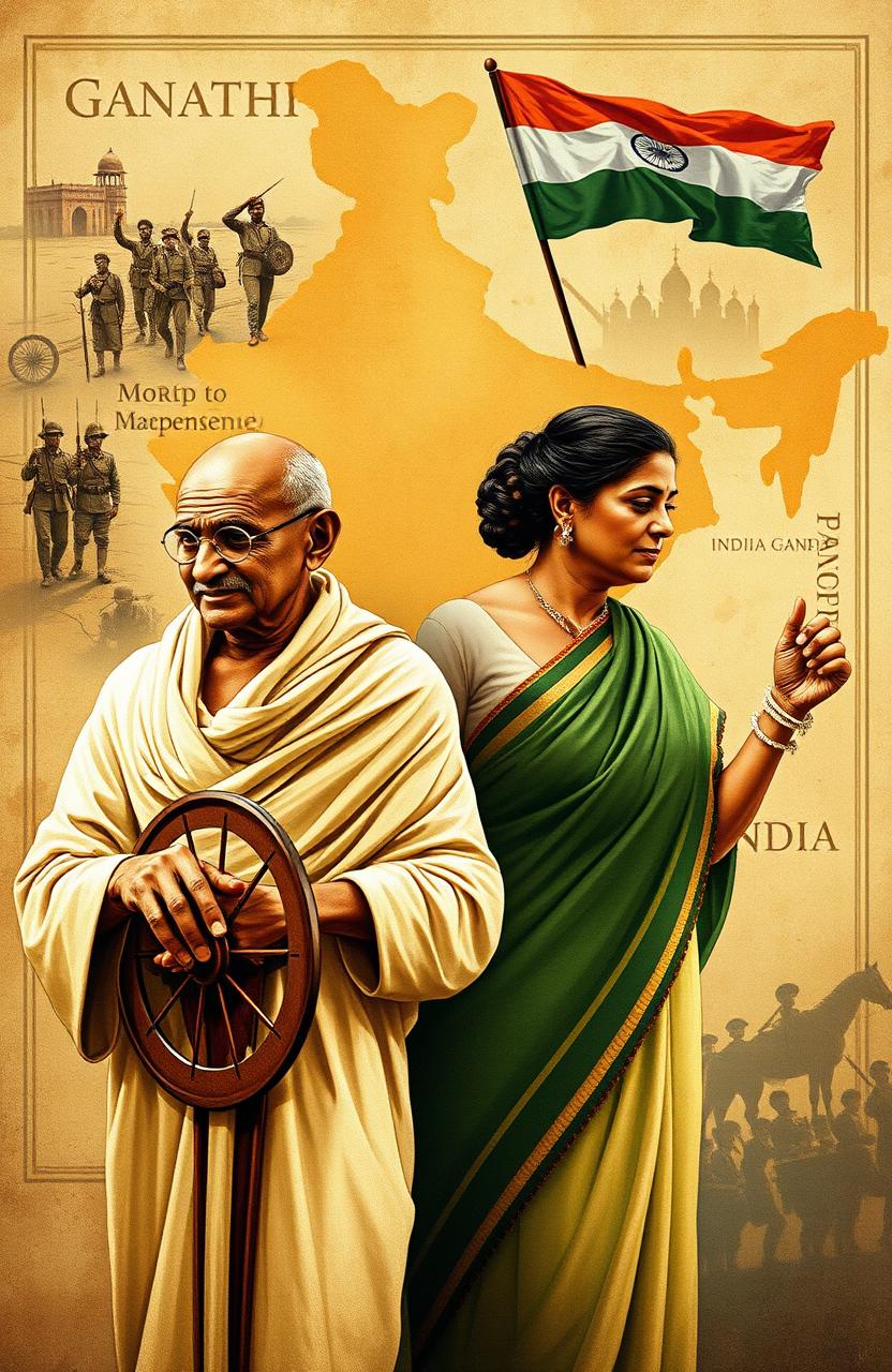 A dynamic and detailed illustration depicting significant moments in Indian history related to Mahatma Gandhi, Indira Gandhi, and the First War of Independence, also known as the Sepoy Mutiny of 1857