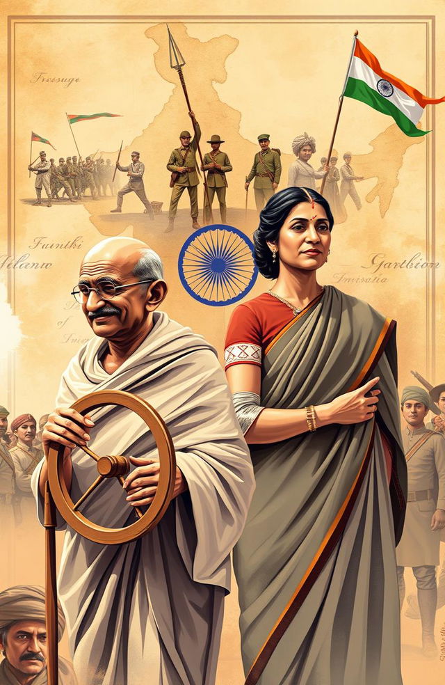 A dynamic and detailed illustration depicting significant moments in Indian history related to Mahatma Gandhi, Indira Gandhi, and the First War of Independence, also known as the Sepoy Mutiny of 1857