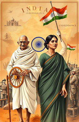 A dynamic and detailed illustration depicting significant moments in Indian history related to Mahatma Gandhi, Indira Gandhi, and the First War of Independence, also known as the Sepoy Mutiny of 1857