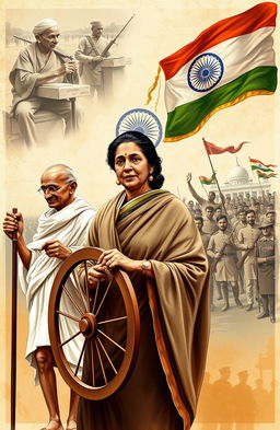 A dynamic and detailed illustration depicting significant moments in Indian history related to Mahatma Gandhi, Indira Gandhi, and the First War of Independence, also known as the Sepoy Mutiny of 1857