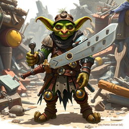 A full-body illustration of a goblin inventor character from Pathfinder 2E, set in a vibrant fantasy medieval world