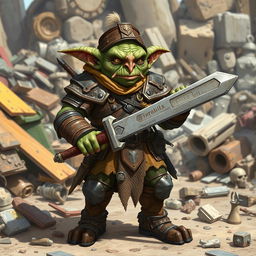 A full-body illustration of a goblin inventor character from Pathfinder 2E, set in a vibrant fantasy medieval world