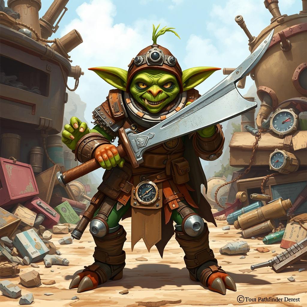 A full-body illustration of a goblin inventor character from Pathfinder 2E, set in a vibrant fantasy medieval world